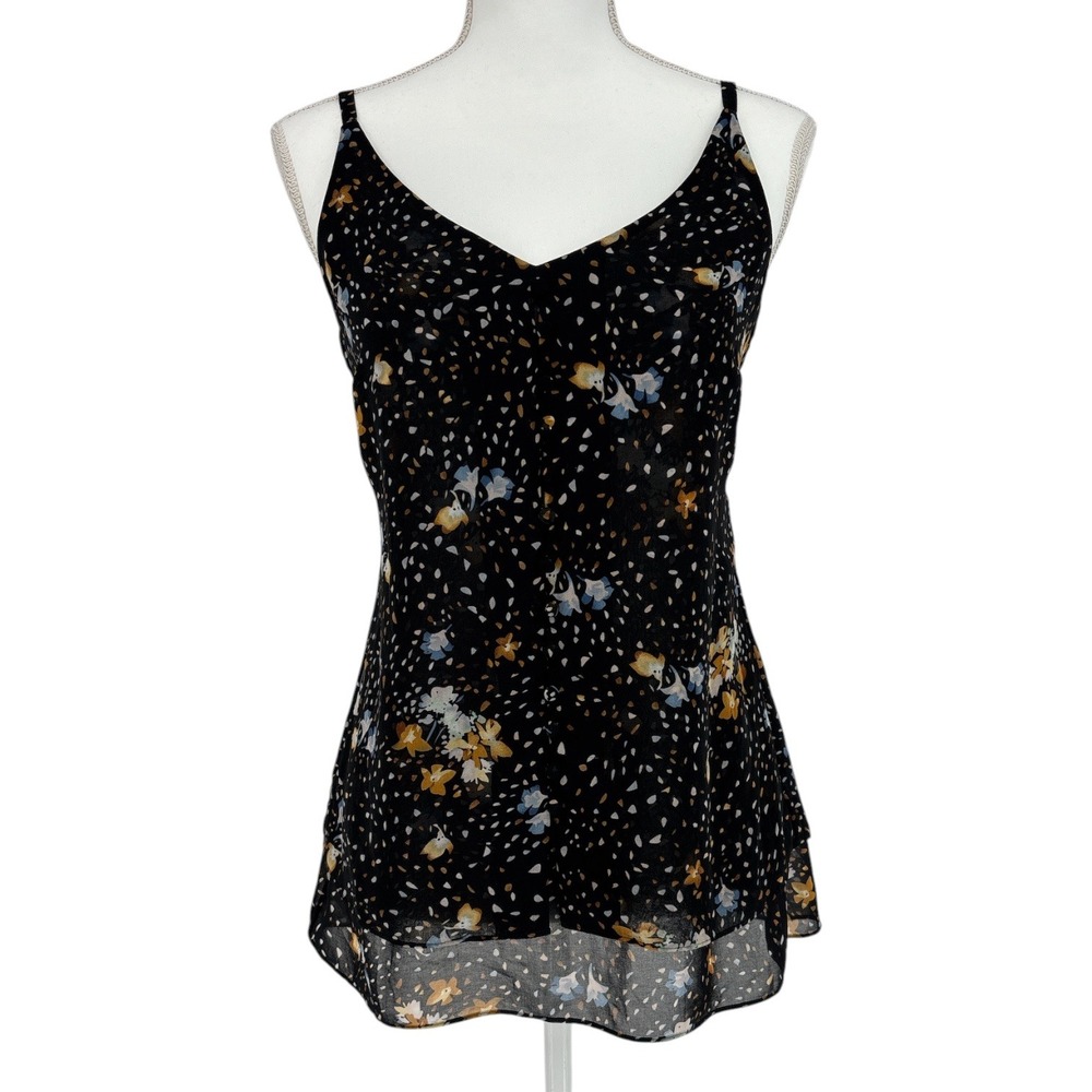 Cabi Cluster Cami XS Black Cosmic Floral Print Adj Straps Sheer Layer Whimsigoth